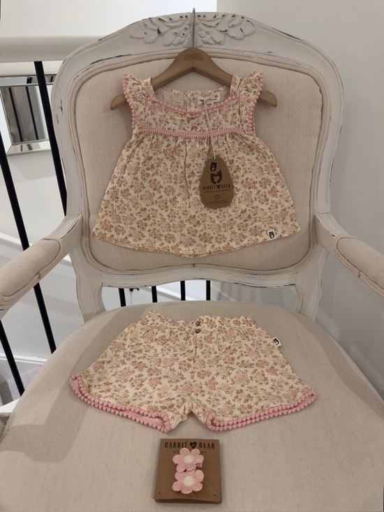 🤍 24 Mth Organic Cotton Ruffle Floral Pink & Tan Pom Pom Trim Top & Bloomer NWT - Picture 13 of 13